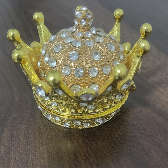 Gold Tone and Silver Tone Jeweled Crown Trinket Box - Picture 1 of 6